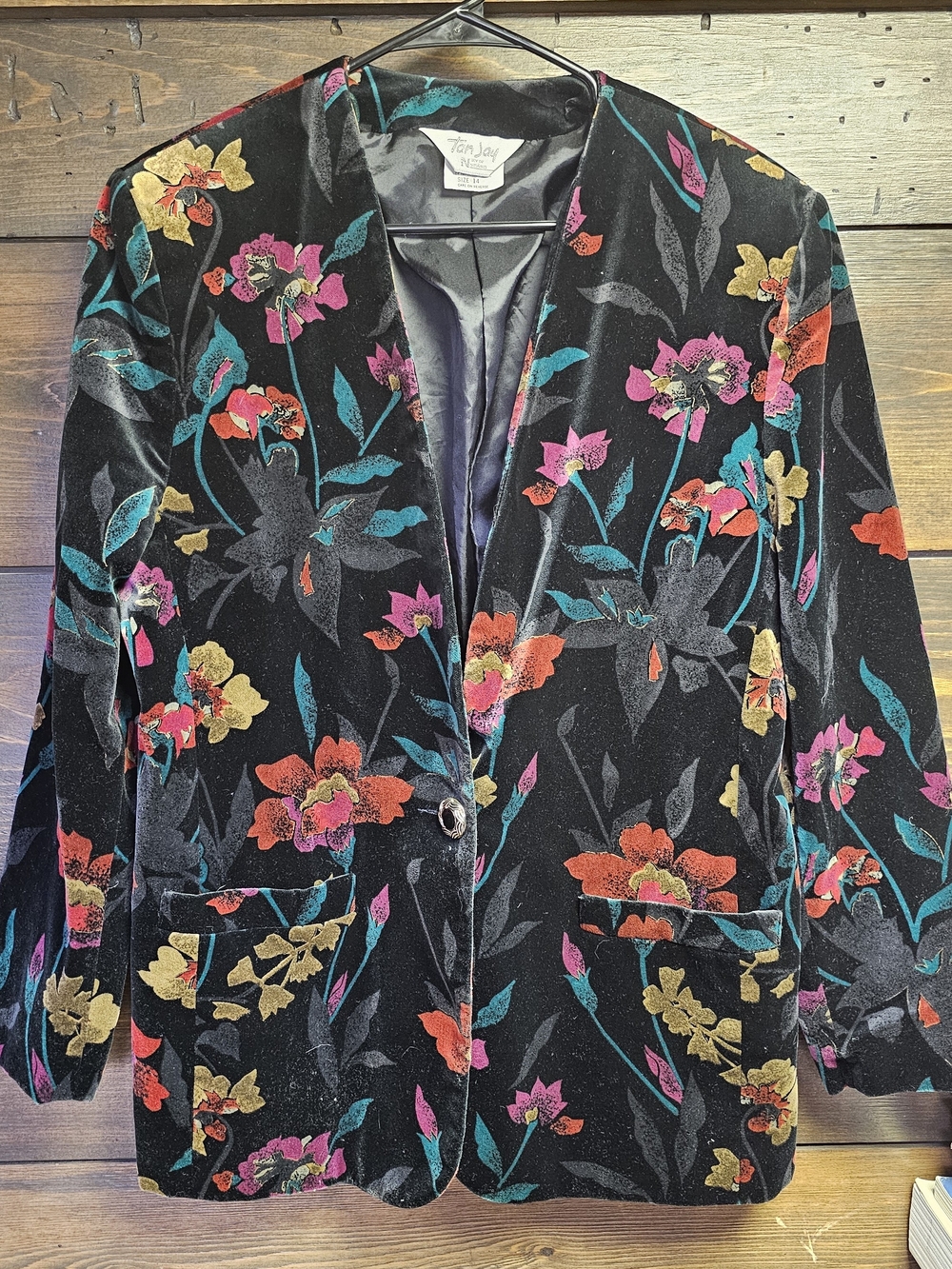 Vintage 90s Black Velvet Floral Blazer Womens Size 14